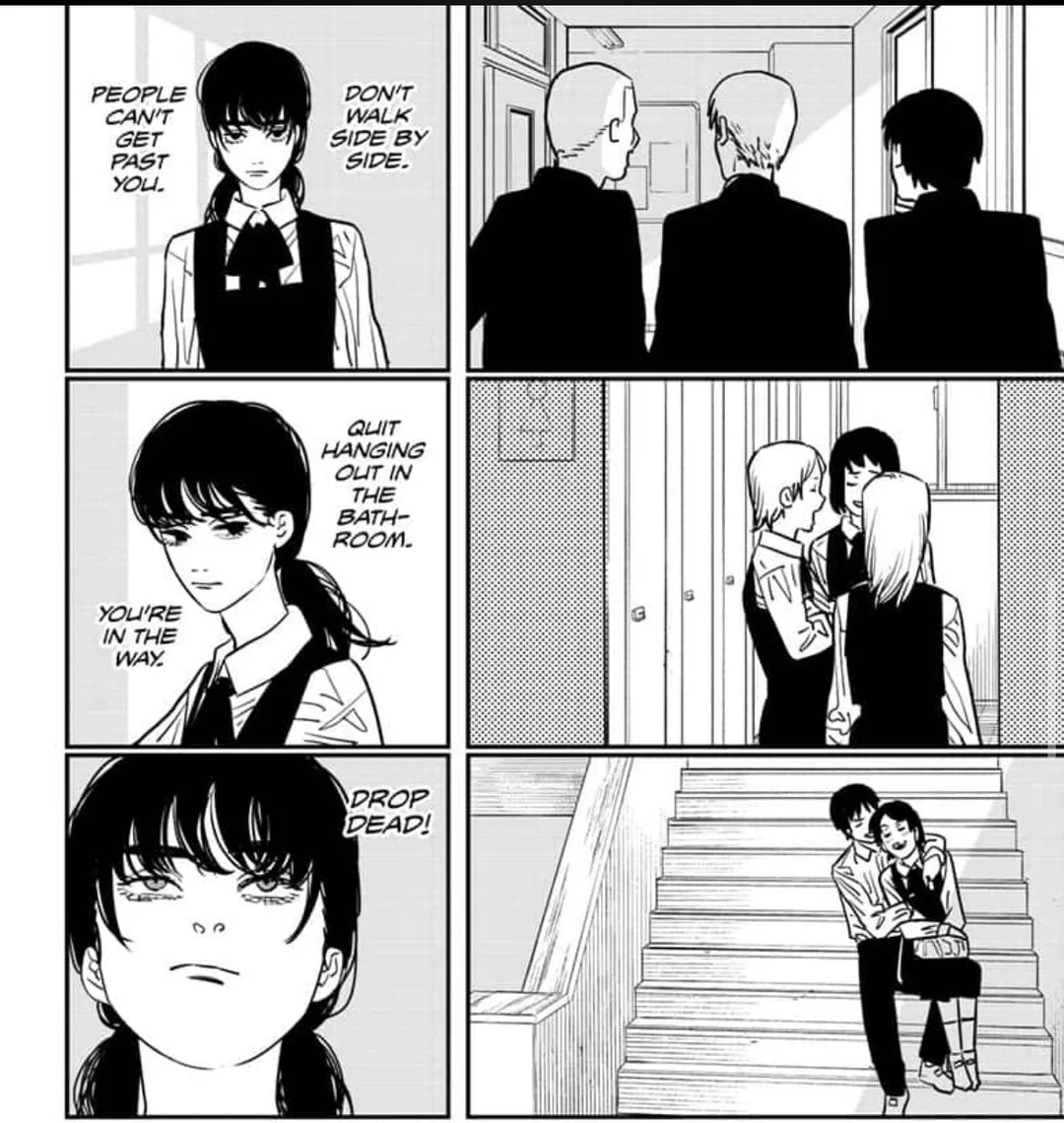 Panels from Chainsaw Man, where Asa Mikitaka tells people to get out of her way while walking with increasing vitriol, ending with her telling them to drop dead.