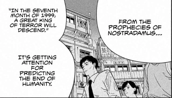 Panels from Chainsaw Man, where "The Prophecy of Nostradamus" is discussed as some sort of apocalypse.